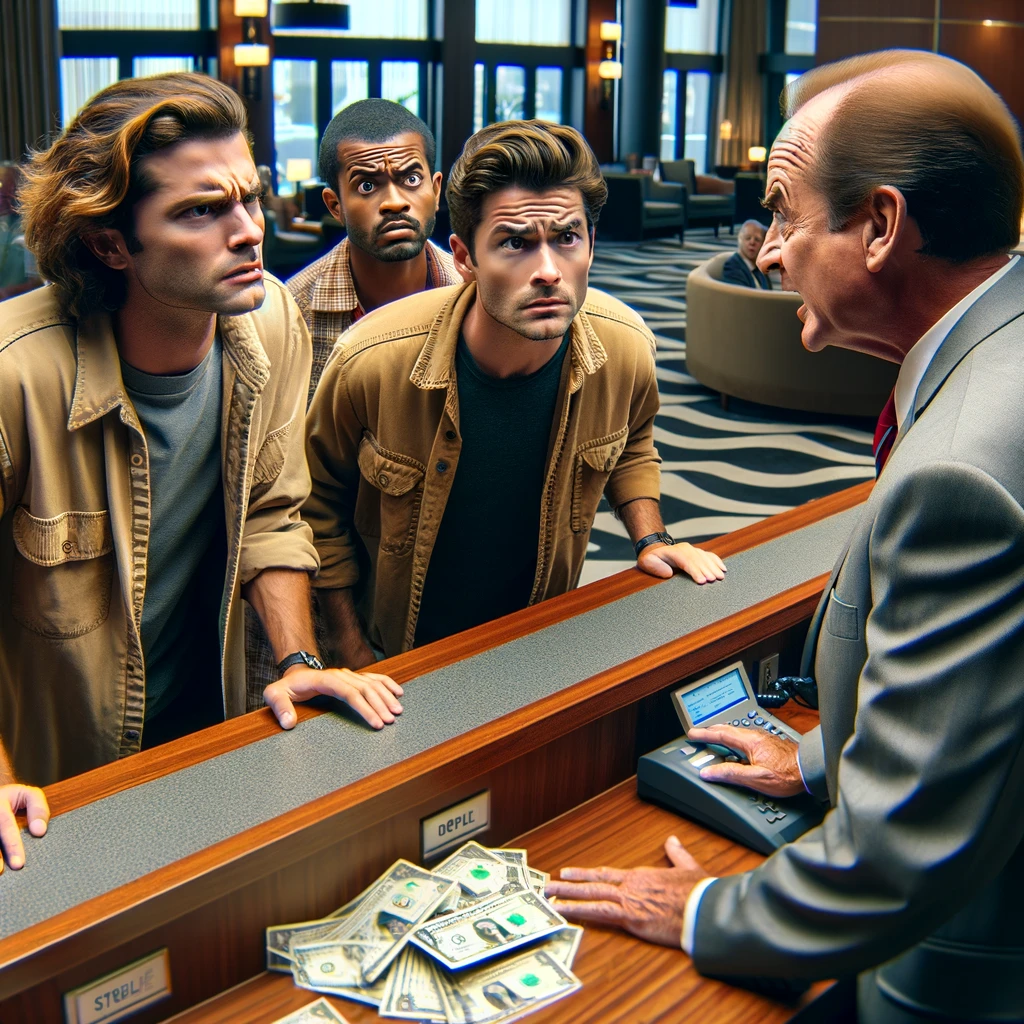Three men stand at the counter of a hotel, confused and angry. The manager
